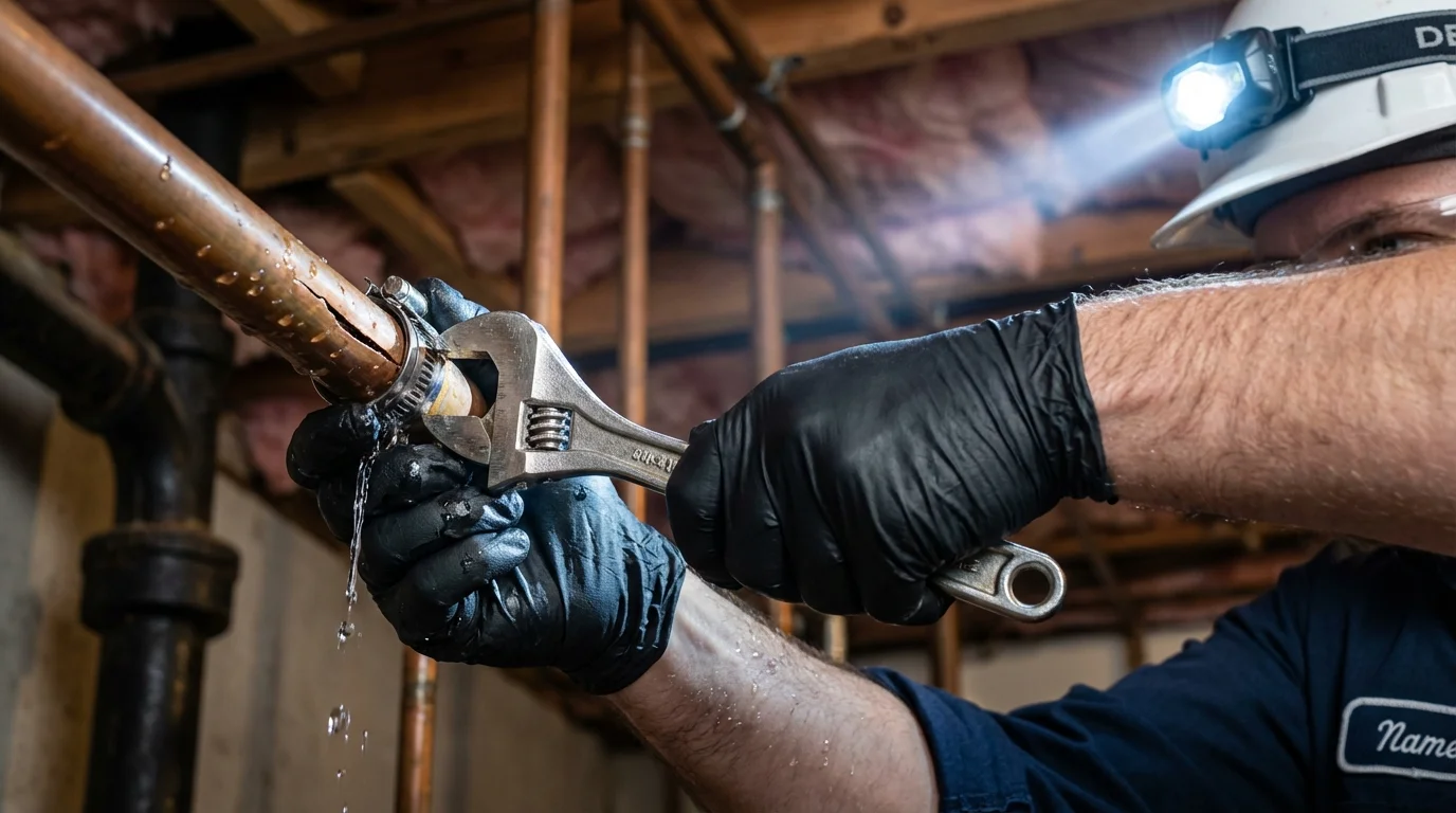 Emergency pipe clamp repair being performed by a Johns Plumbing LLC plumber in Pendleton