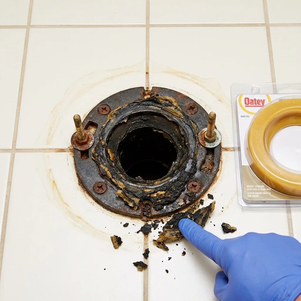 Failed wax ring showing water seepage at the base of a toilet in a Pendleton, SC home
