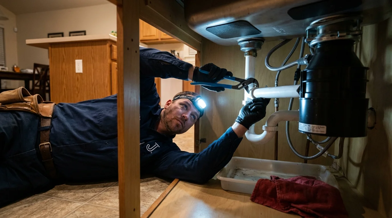 P-trap and supply line connections under a kitchen sink showing a common leak point in Pendleton, SC